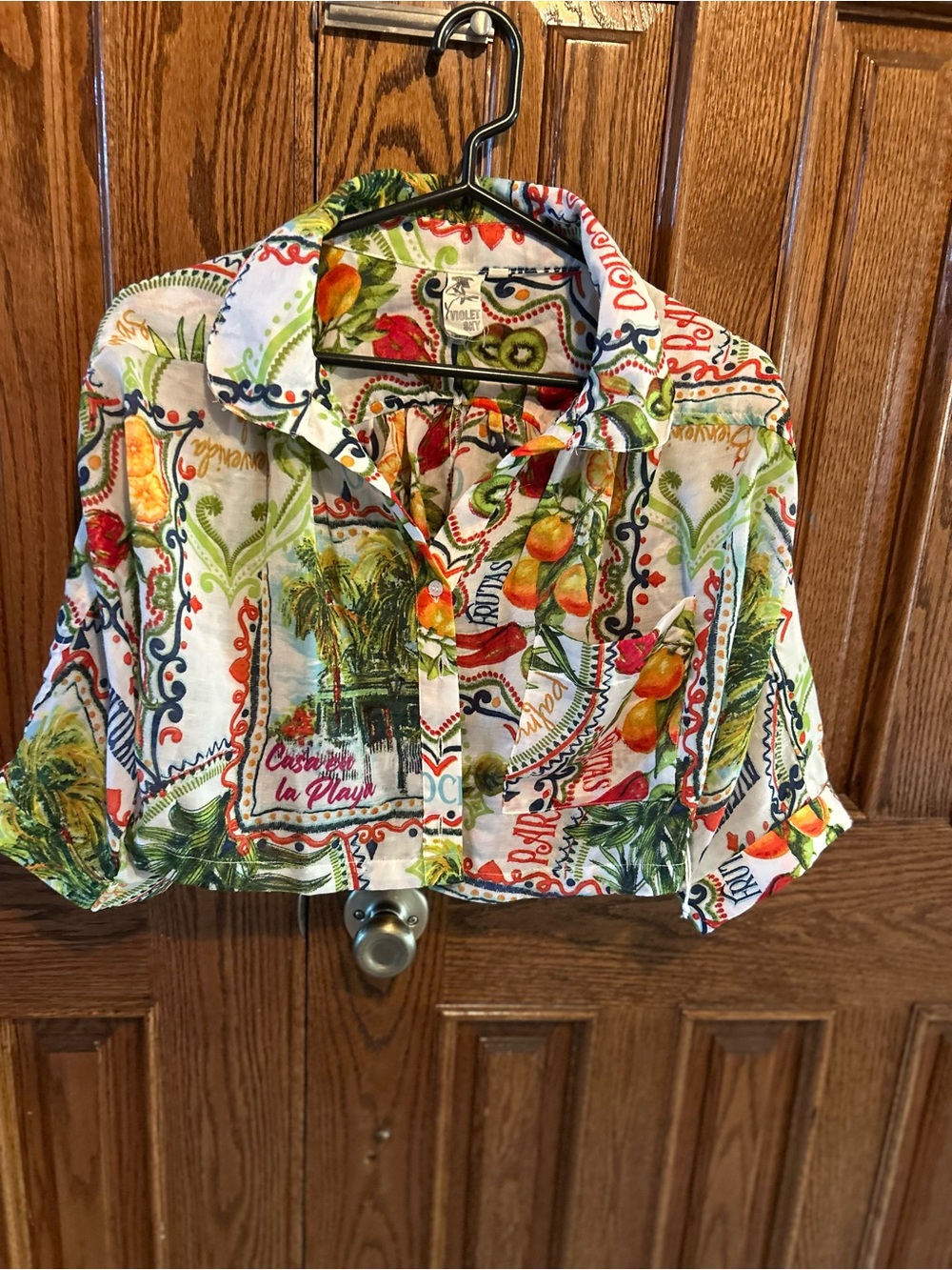 Cropped Tropical Button-Down Shirt - White Multi